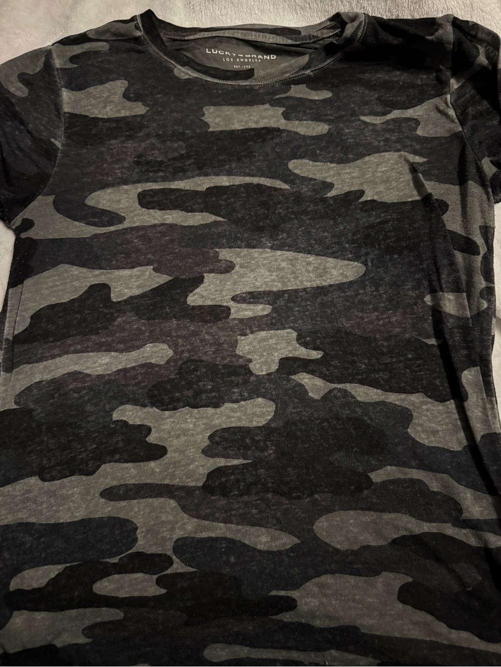 Lucky Brand women’s black  & Gray Camo Crew Neck burnout shirt